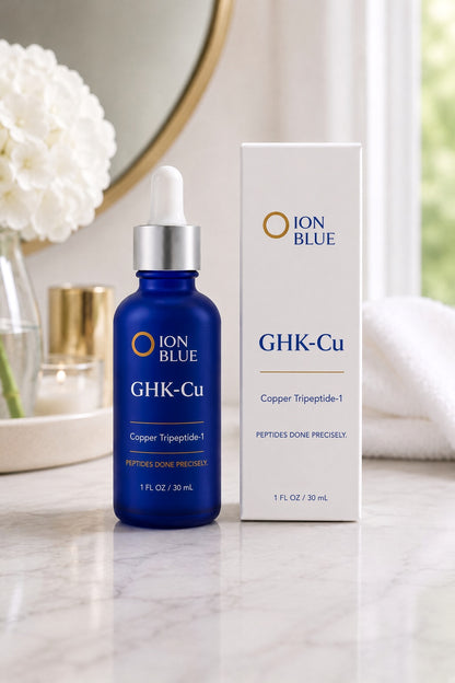 ION BLUE GHK-Cu serum bottle: one peptide, 0.10% pure GHK-Cu (1,000 ppm), fragrance-free